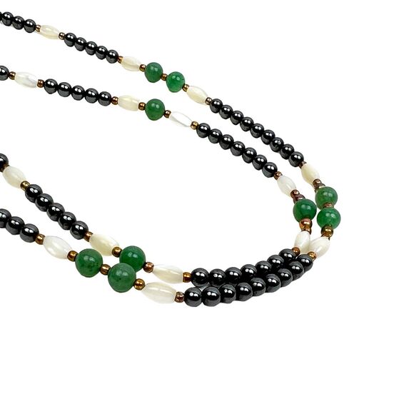 Beaded Necklace Oval White Mother of Pearl Round Green And Shiny Gunmetal Collar - Picture 7 of 9
